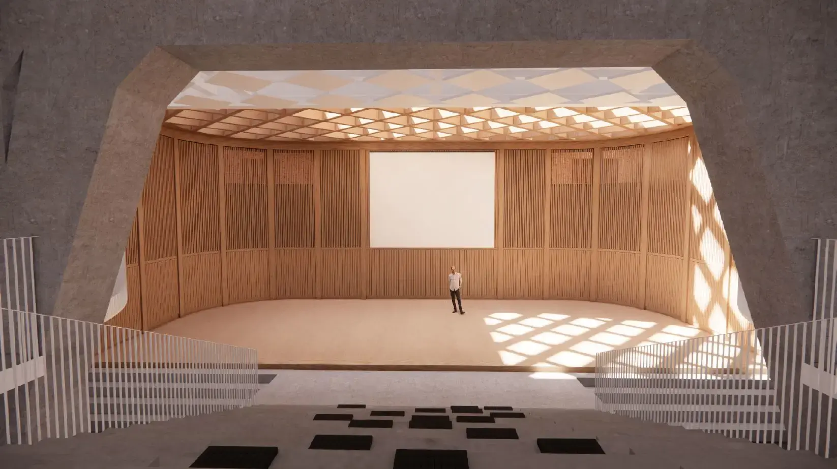 KVUC - Visualisering fra LAARK Arkitekter der viser, hvordan de mange limtræsbjælker danner rammen for aulaen